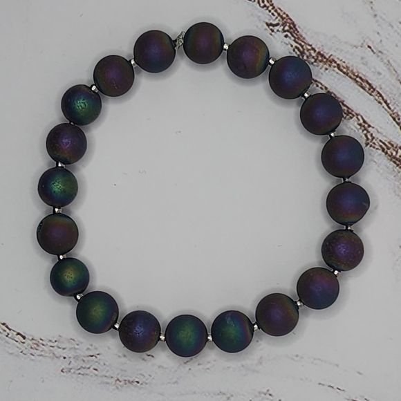 Rainbow Druzy Agate Galaxy smooth round stretch bracelet silver DesignFreeSpirit - Picture 5 of 7